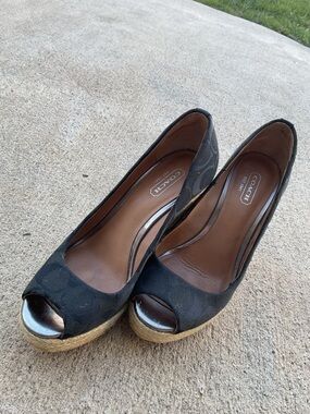 Coach Black Signature Canvas Peep-Toe Espadrille Wedges with Jute Platform